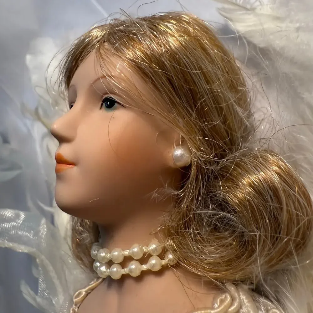 VTG Porcelain Angel Christmas Ornament Cream Pink Pearl Lace Feathers Ribbon 12”